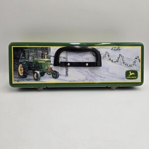 John Deere Winter Scene Licensed Long Tin Snap Lock Shut Utility Toolbox Vintage